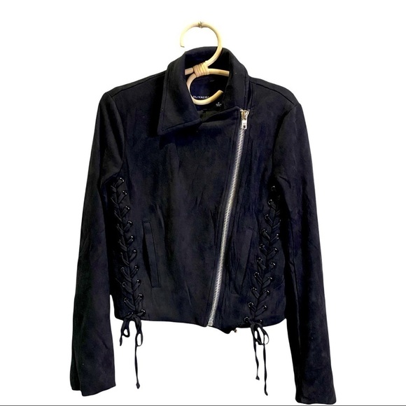 Olivaceous MOTO Jacket in True Black Biker Crop Faux Suede Lace Up Tie Zipper - Picture 11 of 16